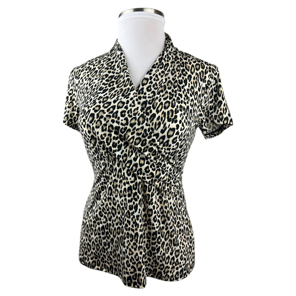 NEW Philosophy Faux Wrap Surplice Leopard Print Short Sleeve Stretchy Top Large - Picture 11 of 11